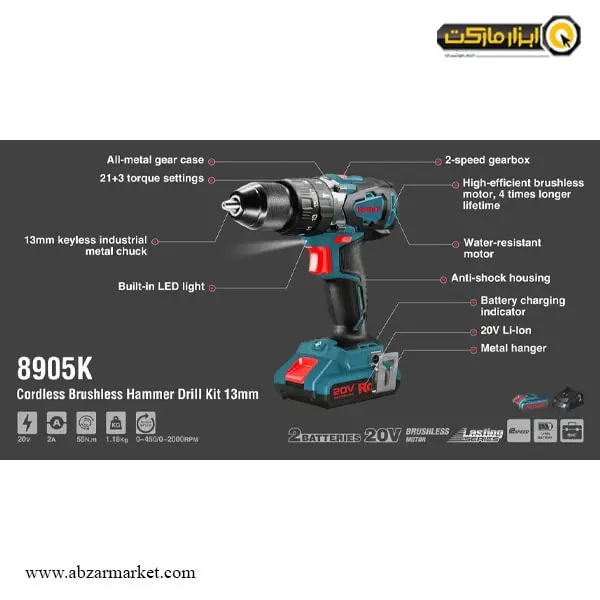 دریل شارژی چکشی رونیکس براشلس لیتیوم 20 ولت مدل 8905K