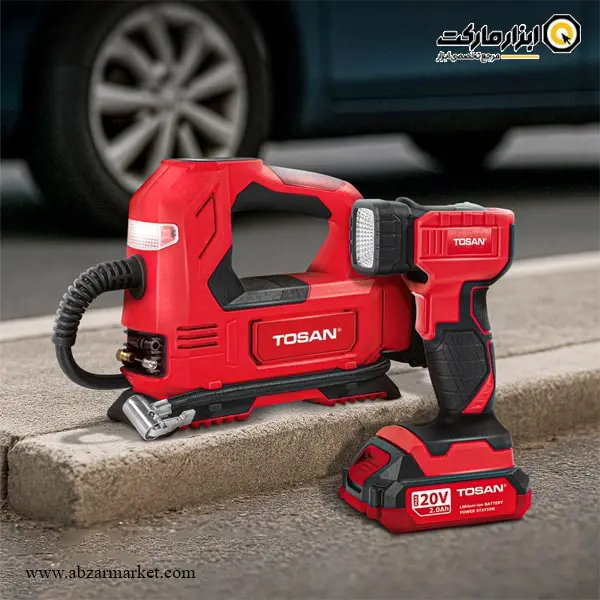کیت کمپرسور فندکی براشلس و چراغ قوه شارژی توسن 20 ولت مدل 9799