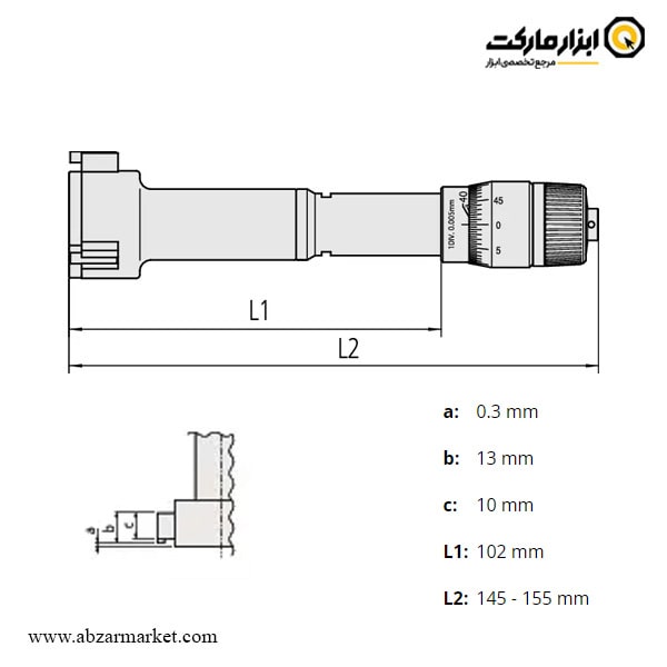 میکرومتر سه فک میتوتویو 50-40 میلی متر داخل سنج مدل 169-368